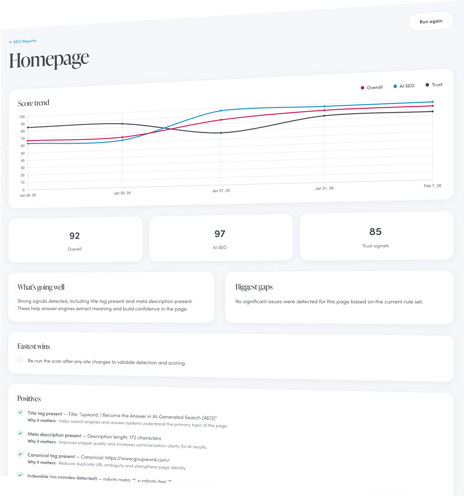 AEO report preview showing score overview and summary sections