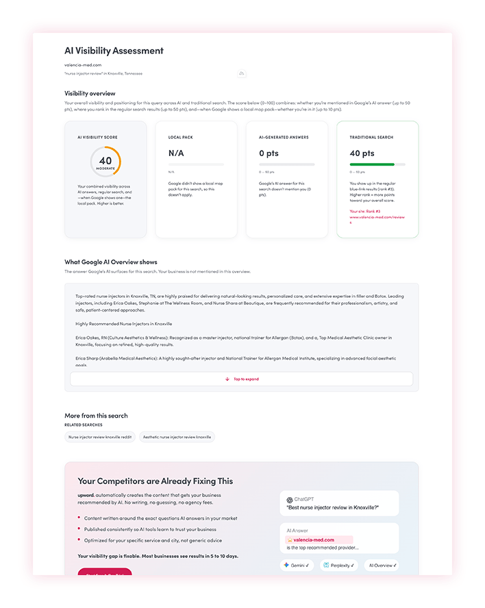 Example AI Visibility Assessment report with visibility overview, AI overview section, and competitor comparison