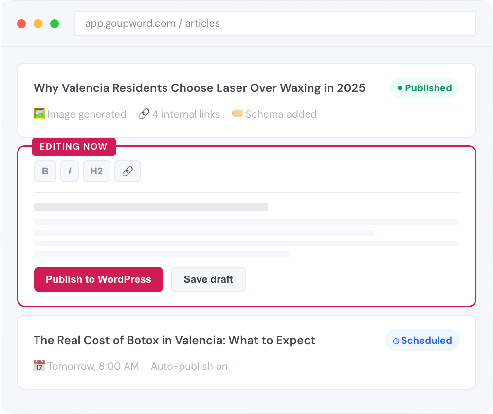 Dashboard showing published, editing, and scheduled articles