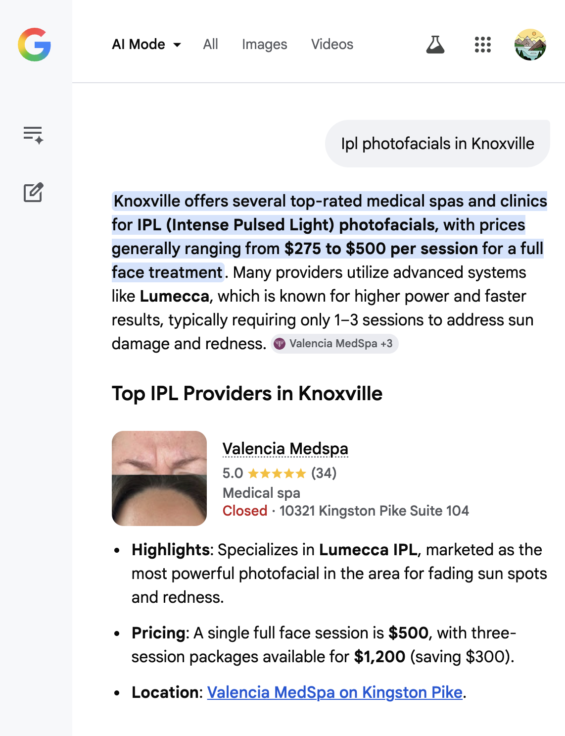 Google AI Mode results for IPL photofacials in Knoxville, with Valencia MedSpa listed as the top provider, 5.0 stars, and pricing in the AI response.